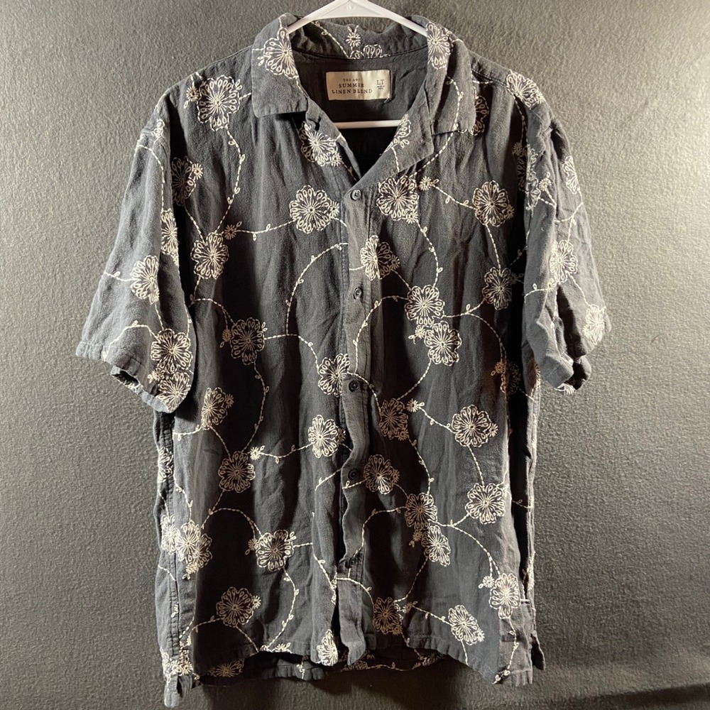 Abercrombie & Fitch linen Shirt L tall Floral Embroidered Short Sleeve camp